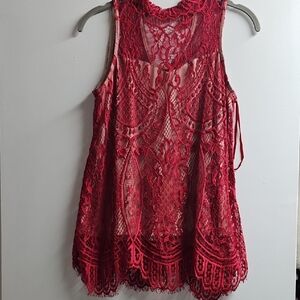 love, Fire Red Lace Sleeveless Blouse